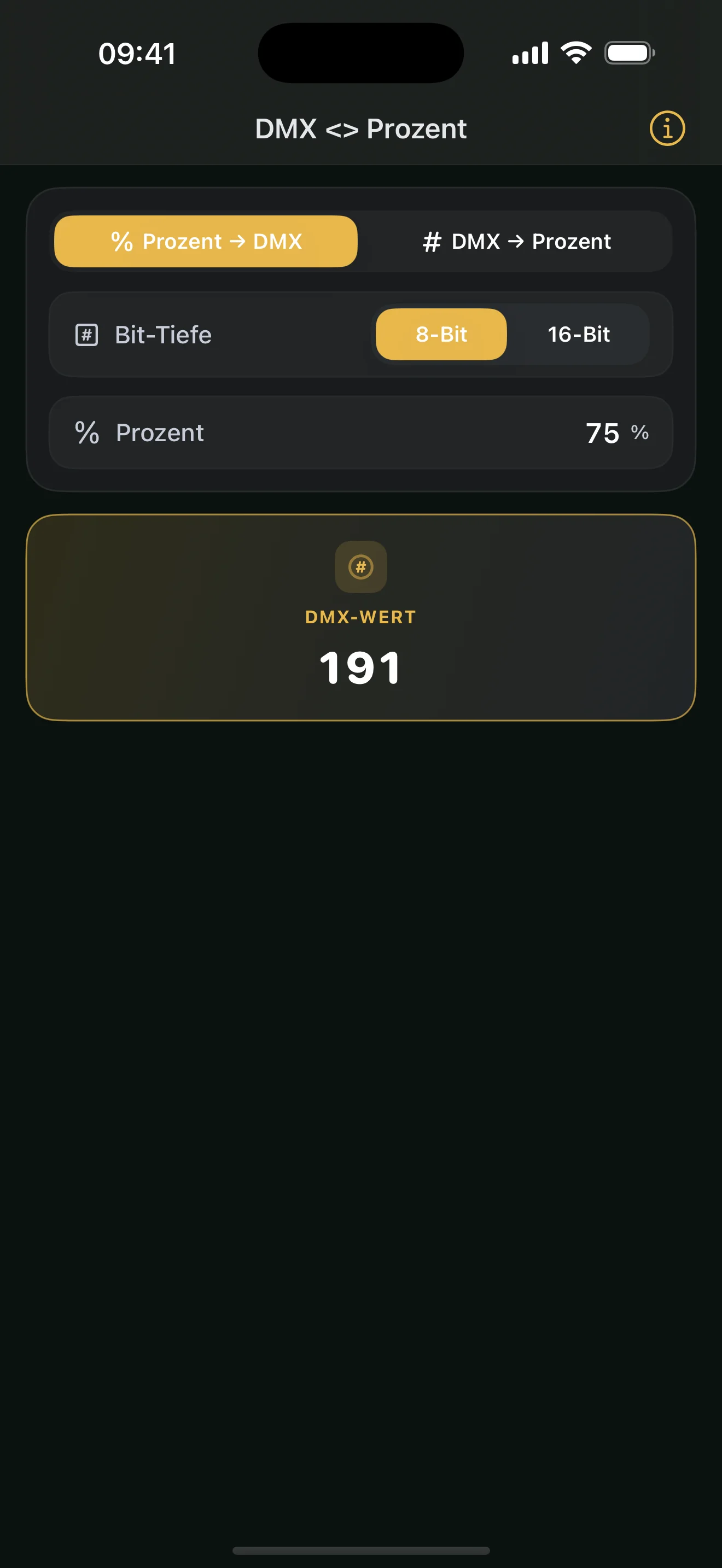 DMX <> Prozent: 75 % · 8 Bit · DMX 191