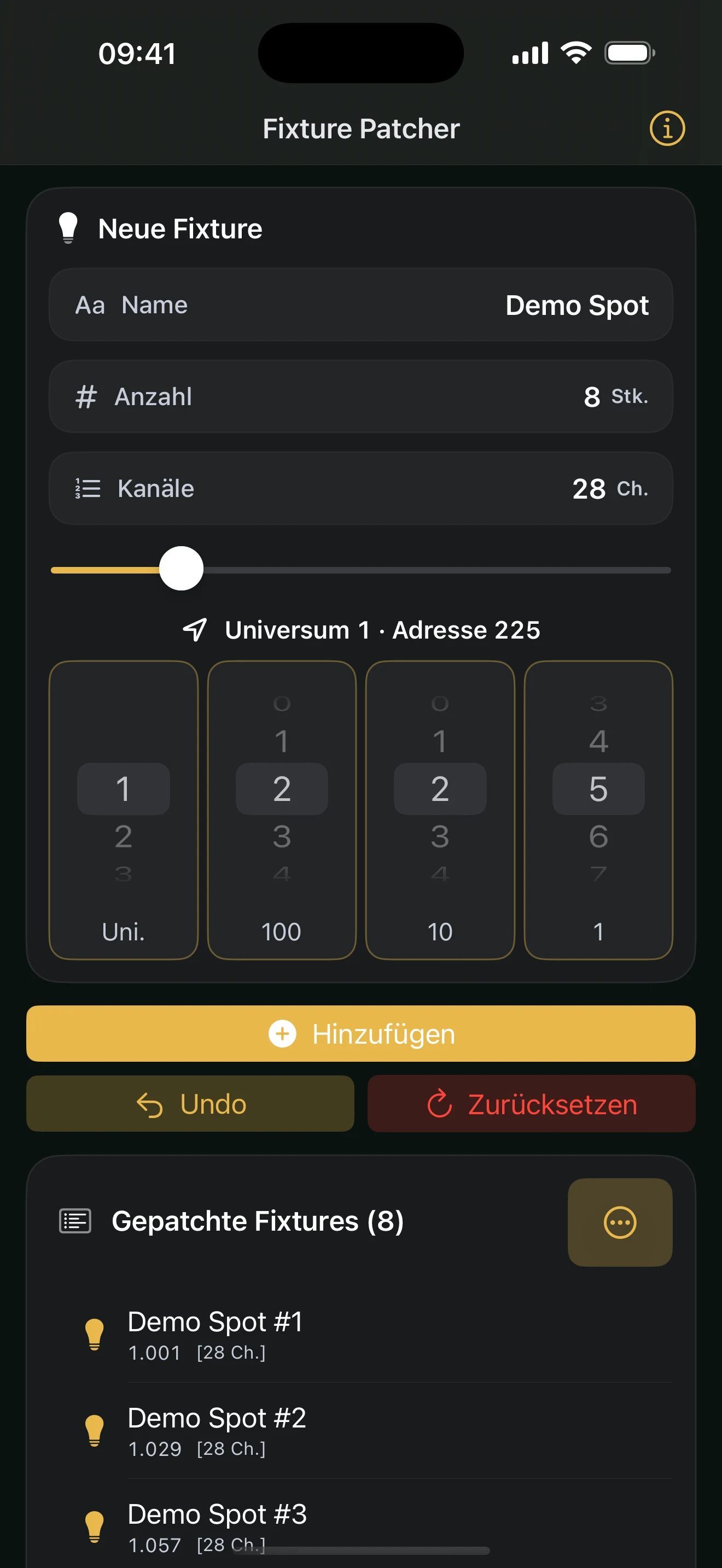 Fixture Patcher: 8 Fixtures · 28 Kanäle