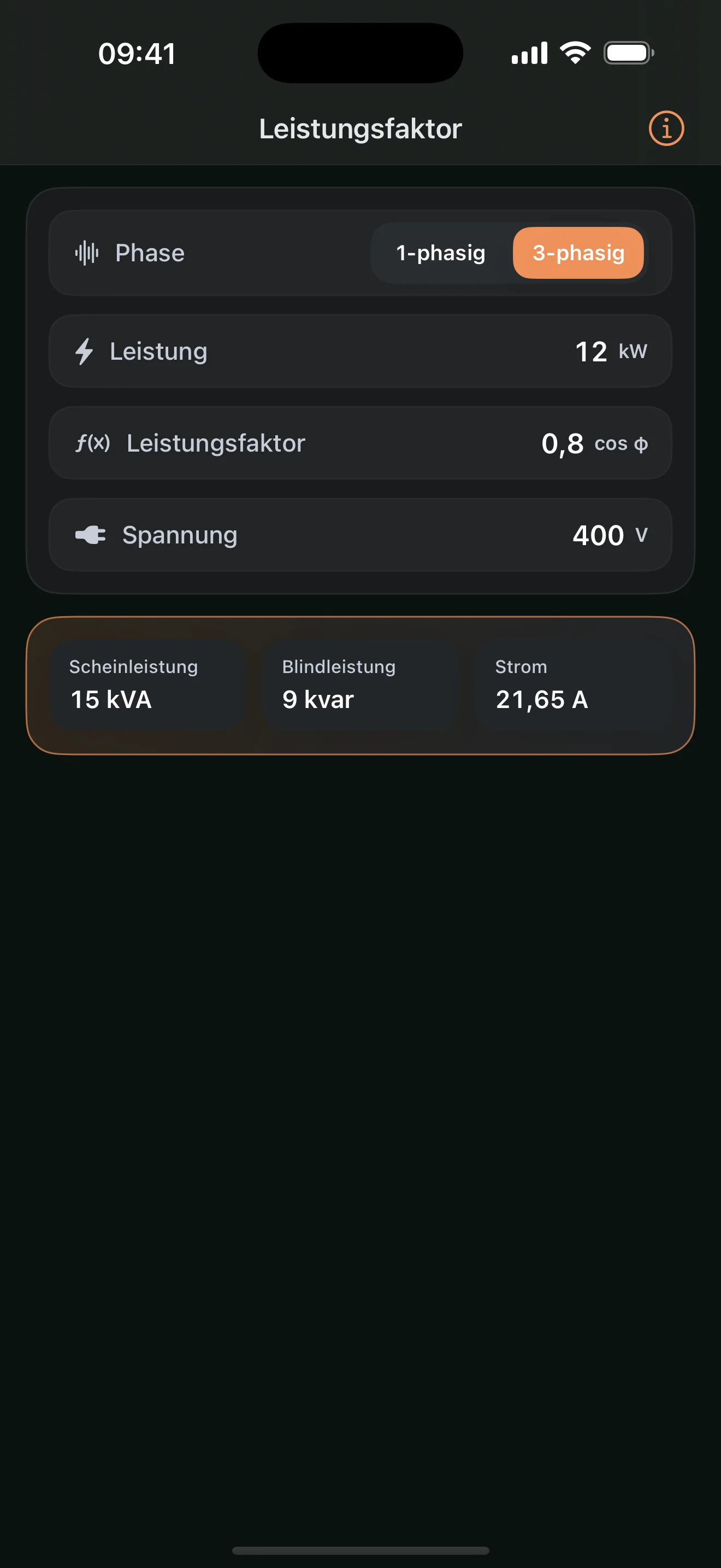 Leistungsfaktor: 12 kW · cos φ 0,80 · 400 V